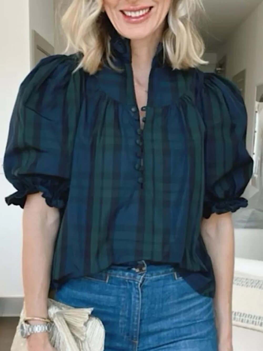 Tuckernuck Pomander Place Selena Blackwatch Plaid Blouse Size Large